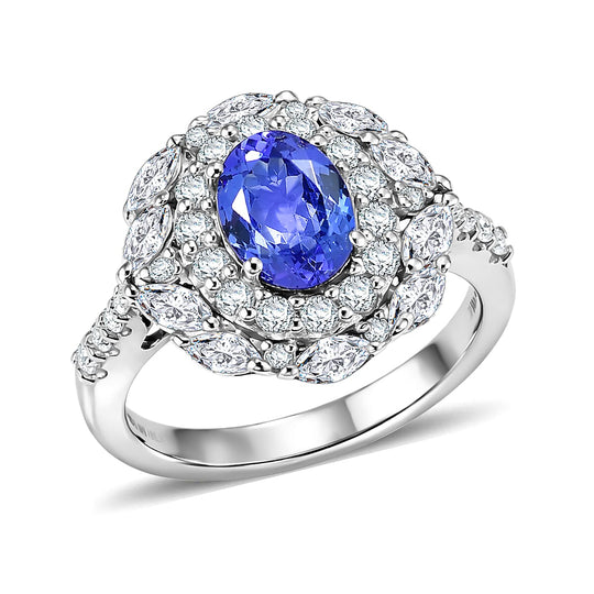 D'Joy AA Tansanit, Moissanit AGI zertifiziert Ring 925 Silber Rhodiniert (Größe 18.00) ca. 2,61 ct