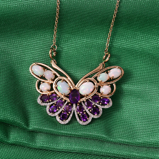 GP - AA Afrikanischer Amethyst, Natürlicher, äthiopischer Welo Opal Halskette ca. 45 cm 925 Silber Rhodiniert und 750 Gelbgold Vermeil ca. 5,67 ct.