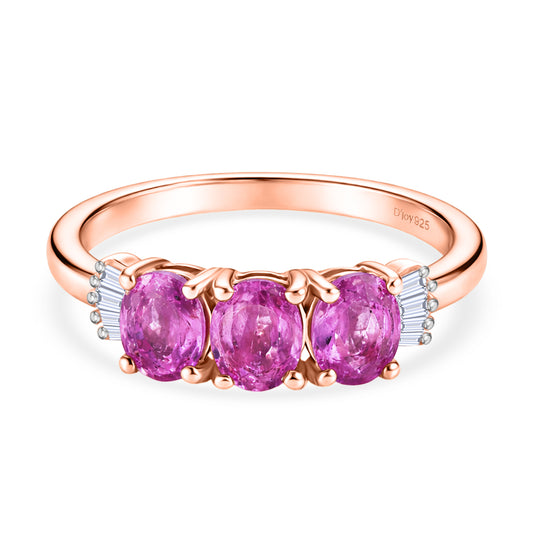 D'Joy Ilakaka Rosa Saphir (Fissure gefüllt), Weißer Diamant Ring 925 Silber 750 Roségold vermeil (Größe 21.00) ca. 1,67 ct