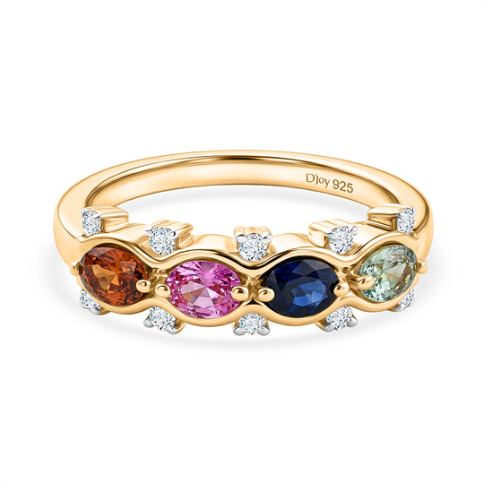 D'Joy Mehrfarbiger Saphir, Blauer Saphir Ring 925 Silber 750 Gelbgold vermeil (Größe 21.00) ca. 1.22 ct