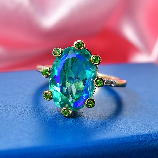 D'Joy Pfau Quarz Triplette, Natürlicher Chromdiopsid Ring 925 Silber 750 Gelbgold vermeil (Größe 21.00) ca. 6,60 ct