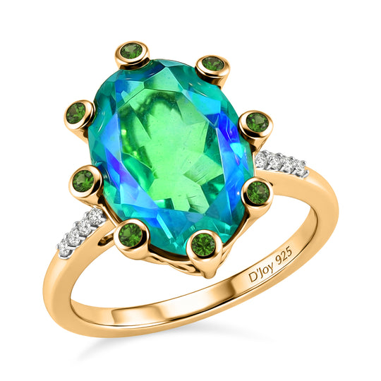 D'Joy Pfau Quarz Triplette, Natürlicher Chromdiopsid Ring 925 Silber 750 Gelbgold vermeil (Größe 21.00) ca. 6,60 ct