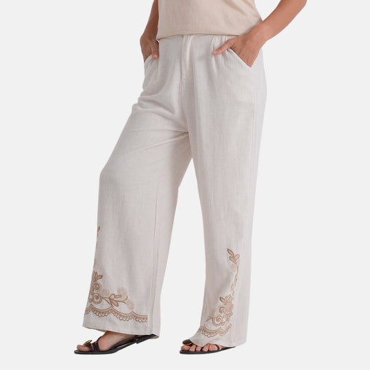 LA MAREY Leinenhose mit Stickerei, 70% Leinen und 30% Baumwolle, EU 40/42, Größe L, Beige