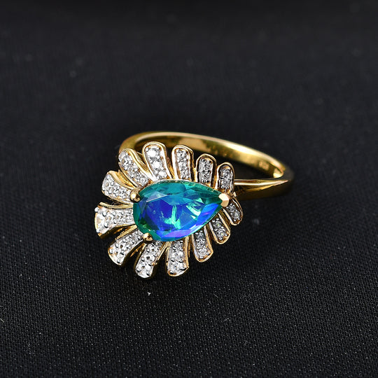 D'Joy Pfau Quarz Triplette, Weißer Zirkon Ring 925 Silber 750 Gelbgold vermeil (Größe 21.00) ca. 2,50 ct