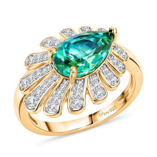 D'Joy Pfau Quarz Triplette, Weißer Zirkon Ring 925 Silber 750 Gelbgold vermeil (Größe 21.00) ca. 2,50 ct