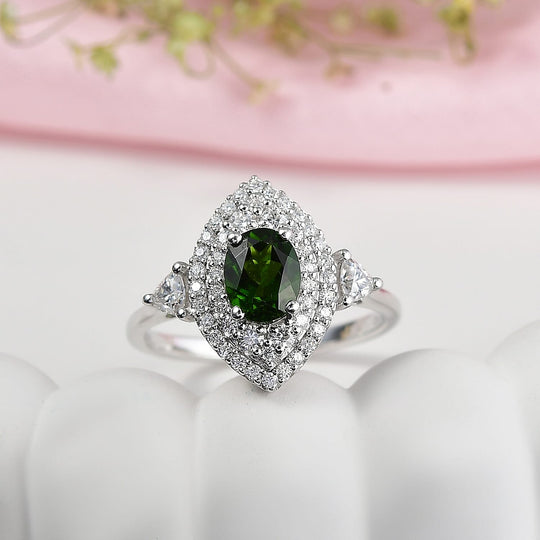 D'Joy AA Natürlicher Chromdiopsid, Moissanit AGI zertifiziert Ring 925 Silber Rhodiniert (Größe 19.00) ca. 2,20 ct