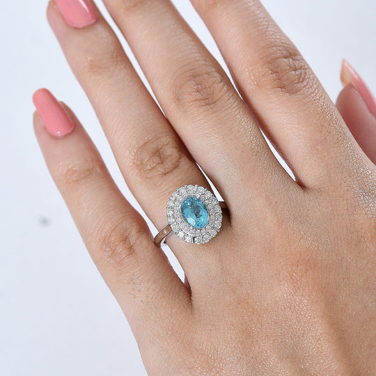 D'Joy AA Paraiba-Apatit, Moissanit AGI zertifiziert Ring 925 Silber Rhodiniert (Größe 18.00) ca. 2,17 ct