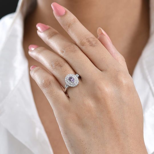 D'Joy AA Lila Spinell, Moissanit AGI zertifiziert Ring 925 Silber Rhodiniert (Größe 17.00) ca. 1,10 ct
