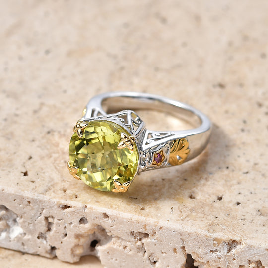 D'Joy AAA Ouro Verde-Quarz, Natürlicher Rhodolith Granat Ring 925 Silber Rhodiniert und 750 Gelbgold Vermeil (Größe 18.00) ca. 6,28 ct