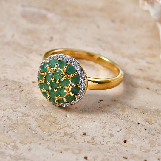 D'Joy Socoto Smaragd und Zirkon floraler Halo Ring, 925 Silber 750 Gelbgold Vermeil - 1,65 ct.