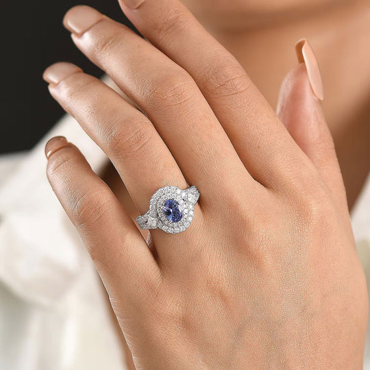 D'Joy AA Tansanit, Moissanit AGI zertifiziert Ring 925 Silber Rhodiniert (Größe 19.00) ca. 2,50 ct