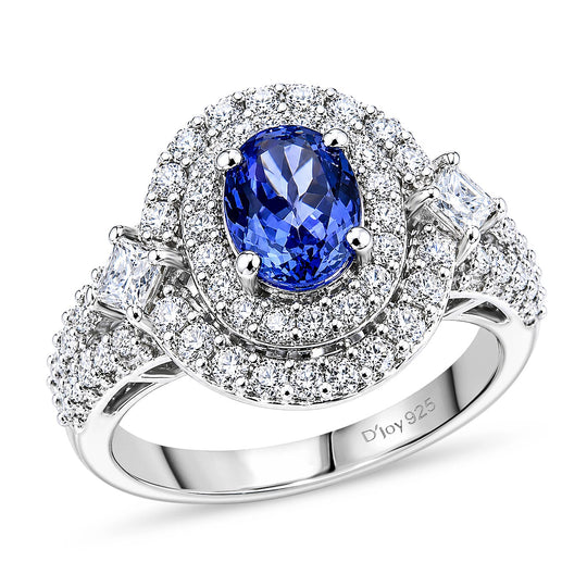 D'Joy AA Tansanit, Moissanit AGI zertifiziert Ring 925 Silber Rhodiniert (Größe 19.00) ca. 2,50 ct