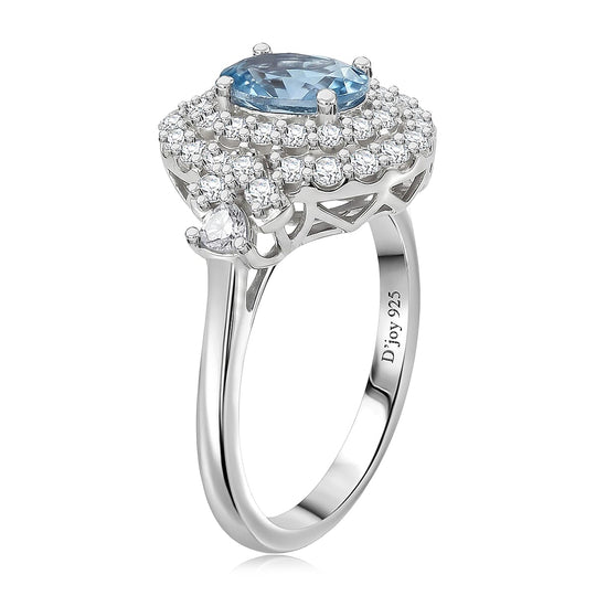D'Joy AGI zertifizierter und geprüfter AA Santamaria Aquamarin und Moissanit Ring, 925 Silber rhodiniert - 1,62 ct.