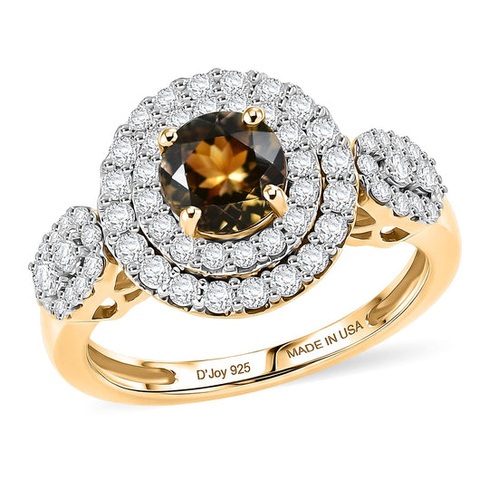 D'Joy AA Gelber Tansanit, Moissanit AGI zertifiziert Ring 925 Silber 750 Gelbgold vermeil (Größe 17.00) ca. 2,34 ct