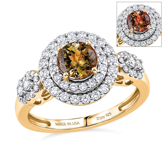 D'Joy AA Gelber Tansanit, Moissanit AGI zertifiziert Ring 925 Silber 750 Gelbgold vermeil (Größe 17.00) ca. 2,34 ct