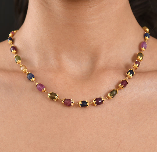 GP Celestial Kollektion - Mehrfarbig Saphir Halskette ca. 45 cm 925 Silber 750 Gelbgold vermeil ca. 99.74 ct