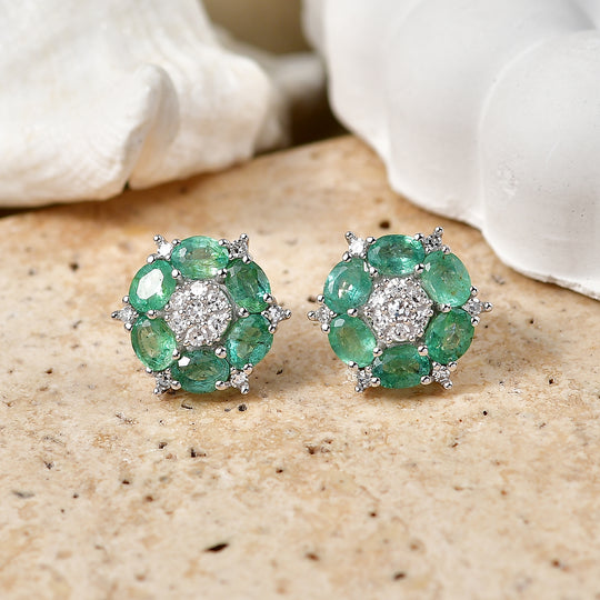 D'Joy 2,16 ct. AAA Kagem sambische Smaragd und Labor Diamant Ohrringe, 925 Silber rhodiniert
