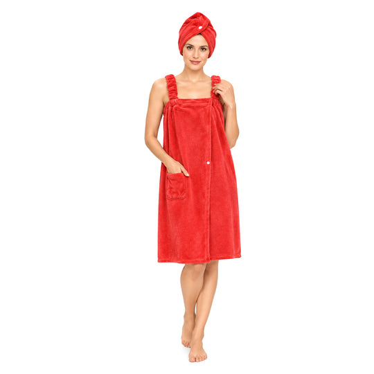 LIVMORE 2er-Set Plüsch-Badehandtuchkleid mit Trägern 140x82cm, Tasche und Haarturban, 260gsm 100% Polyester, Lila