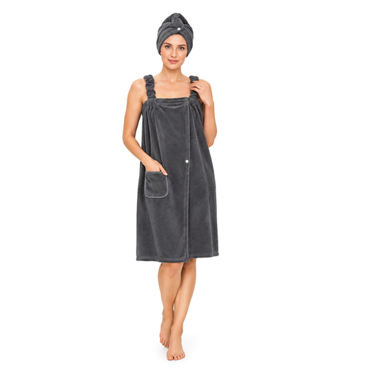 LIVMORE 2er-Set Plüsch-Badehandtuchkleid mit Trägern 140x82cm, Tasche und Haarturban, 260gsm 100% Polyester, Lila