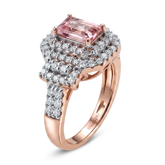 D'Joy AA Rosa Morganit, Moissanit AGI zertifiziert Ring 925 Silber 750 Roségold vermeil (Größe 19.00) (10-16 Werktage Lieferzeit) ca. 1,84 ct