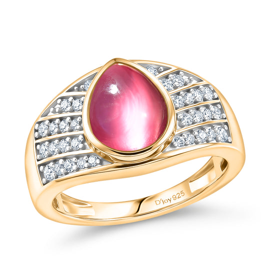 D'Joy Flamingo Mondstein, Weißer Zirkon Ring 925 Silber 750 Gelbgold vermeil (Größe 19.00) ca. 3,06 ct