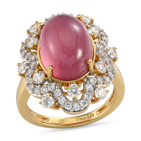D'Joy Flamingo Mondstein, Weißer Zirkon Ring 925 Silber 750 Gelbgold vermeil (Größe 17.00) ca. 8,77 ct