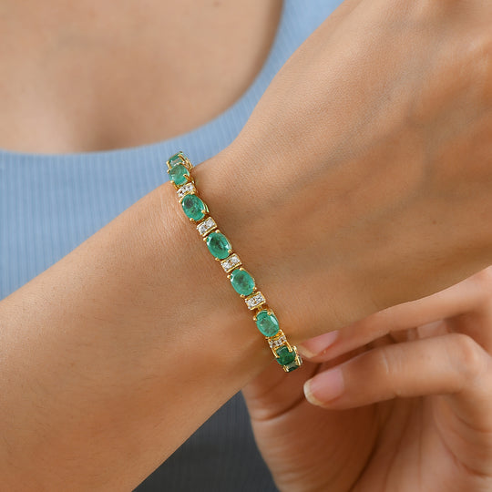 D'Joy Smaragd-Quarz Triplette, Weißer Zirkon Armband ca. 19 cm 925 Silber 750 Gelbgold vermeil ca. 17,90 ct.