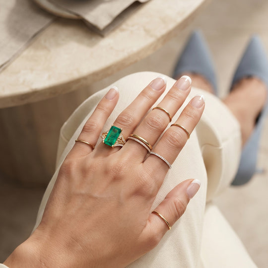 D'Joy Smaragd-Quarz Triplette, Weißer Zirkon Ring 925 Silber 750 Gelbgold vermeil (Größe 21.00) ca. 6,73 ct