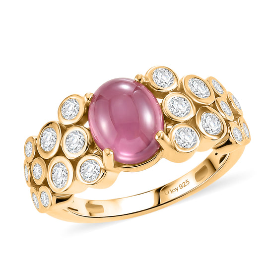D'Joy Flamingo Mondstein, Weißer Zirkon Ring 925 Silber 750 Gelbgold vermeil (Größe 21.00) ca. 2,86 ct