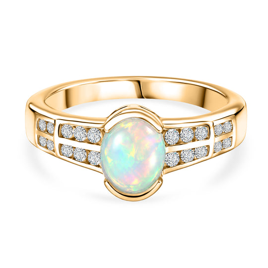 D'Joy AA Natürlicher, äthiopischer Welo Opal, Weißer Zirkon Ring 925 Silber Platiniert (Größe 20.00) ca. 1,21 ct