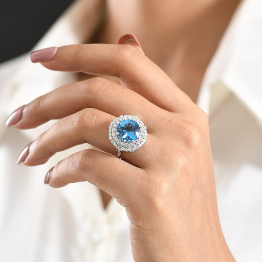 D'Joy AA Schweizer Blautopas, Moissanit AGI zertifiziert Ring 925 Silber Rhodiniert (Größe 19.00) ca. 7,82 ct