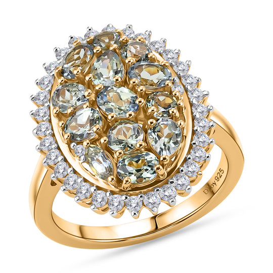D'Joy Grüner Tansanit, Weißer Zirkon Ring 925 Silber 750 Gelbgold vermeil (Größe 20.00) ca. 2.83 ct
