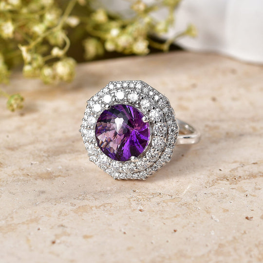 D'Joy AA Sambischer Amethyst, Moissanit AGI zertifiziert Ring 925 Silber Rhodiniert (Größe 17.00) ca. 3,88 ct