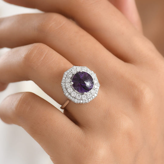 D'Joy AA Sambischer Amethyst, Moissanit AGI zertifiziert Ring 925 Silber Rhodiniert (Größe 17.00) ca. 3,88 ct
