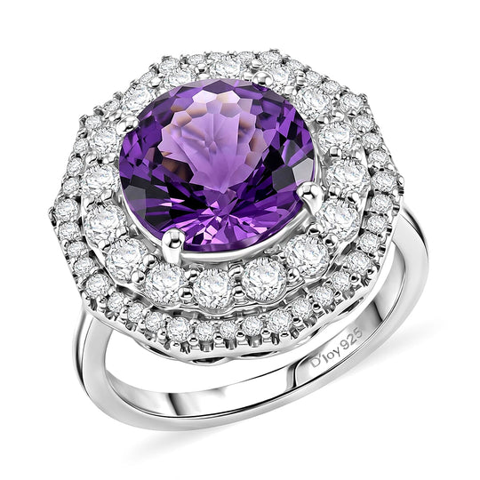 D'Joy AA Sambischer Amethyst, Moissanit AGI zertifiziert Ring 925 Silber Rhodiniert (Größe 17.00) ca. 3,88 ct