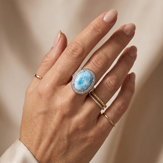 D'Joy AAA Larimar, Moissanit Ring 925 Silber Rhodiniert und 750 Gelbgold Vermeil (Größe 21.00) ca. 14,65 ct
