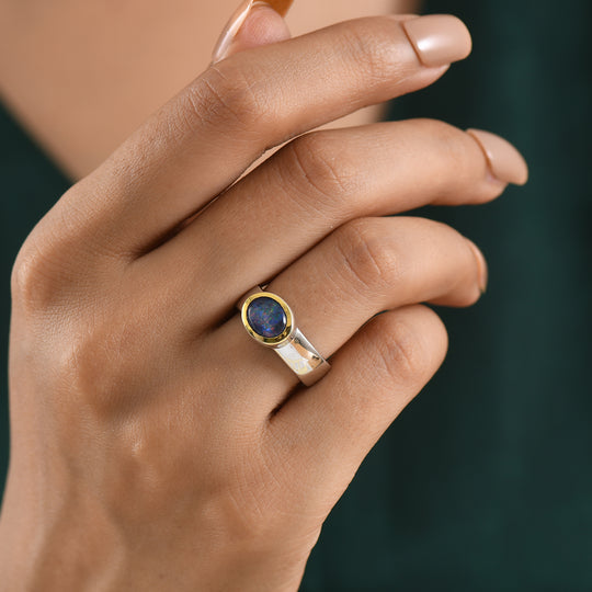 D'Joy AAA Boulder Opal Triplette Ring 925 Silber Rhodiniert und 750 Gelbgold Vermeil (Größe 18.00) ca. 1,22 ct