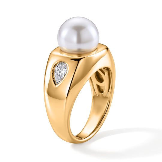 Weiße Muschelkernperle (10-10.5 mm), Weißer Zirkonia Ring Nickelfreies Messing Vergoldet (Größe 21.00)