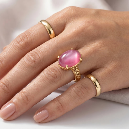 D'Joy Flamingo Mondstein Ring 925 Silber 750 Gelbgold vermeil (Größe 19.00) ca. 7,00 ct