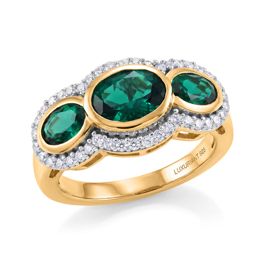 LUXURIANT AAA Labor Smaragd und Zirkon Ring, 925 Silber 750 Gelbgold Vermeil - 2,60 ct.