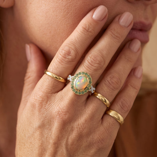 D'Joy AAA Natürlicher, äthiopischer Welo Opal, Kagem Sambischer Smaragd Ring 925 Silber 585 Vergoldet (Größe 19.00) ca. 1,91 ct