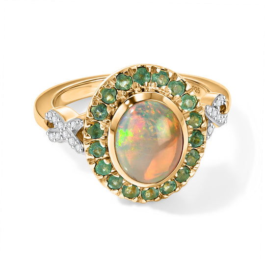 D'Joy AAA Natürlicher, äthiopischer Welo Opal, Kagem Sambischer Smaragd Ring 925 Silber 585 Vergoldet (Größe 19.00) ca. 1,91 ct