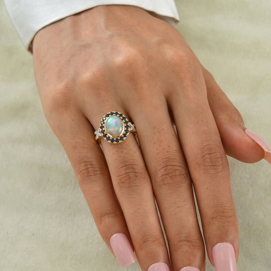 D'Joy AAA Natürlicher, äthiopischer Welo Opal, Ceylon-Saphir Ring 925 Silber 585 Vergoldet (Größe 20.00) ca. 1,81 ct