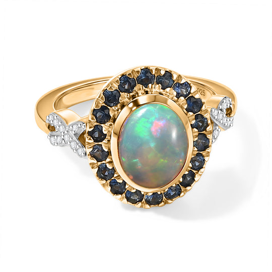 D'Joy AAA Natürlicher, äthiopischer Welo Opal, Ceylon-Saphir Ring 925 Silber 585 Vergoldet (Größe 20.00) ca. 1,81 ct