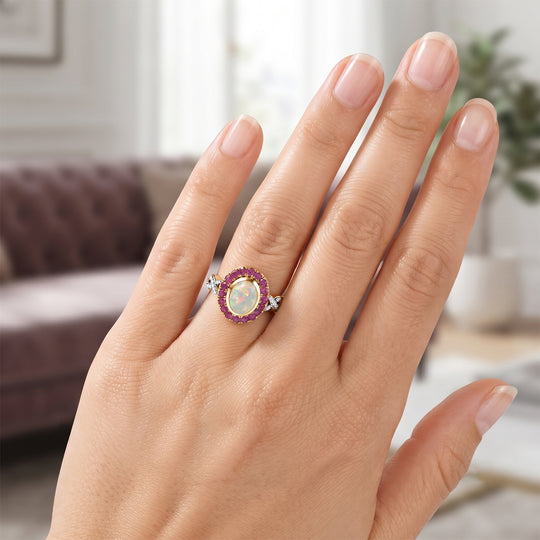 D'Joy AAA Natürlicher, äthiopischer Welo Opal, Afrikanischer Rubin (Fissure gefüllt) Ring 925 Silber 585 Vergoldet (Größe 20.00) ca. 2,25 ct
