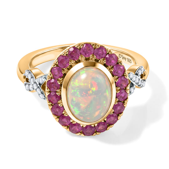 D'Joy AAA Natürlicher, äthiopischer Welo Opal, Afrikanischer Rubin (Fissure gefüllt) Ring 925 Silber 585 Vergoldet (Größe 20.00) ca. 2,25 ct