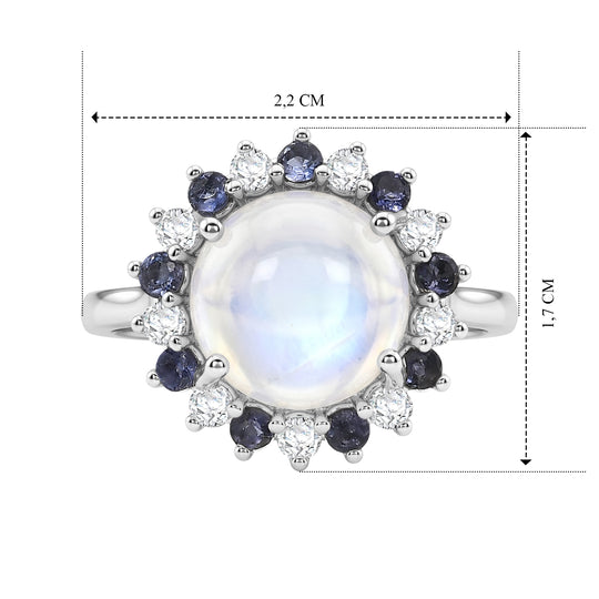 D'Joy Regenbogen Mondstein, Iolit Ring 925 Silber Rhodiniert (Größe 21.00) ca. 4,50 ct