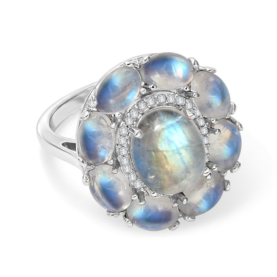 D'Joy Regenbogen Mondstein, Weißer Zirkon Ring 925 Silber Rhodiniert (Größe 20.00) ca. 10.53 ct