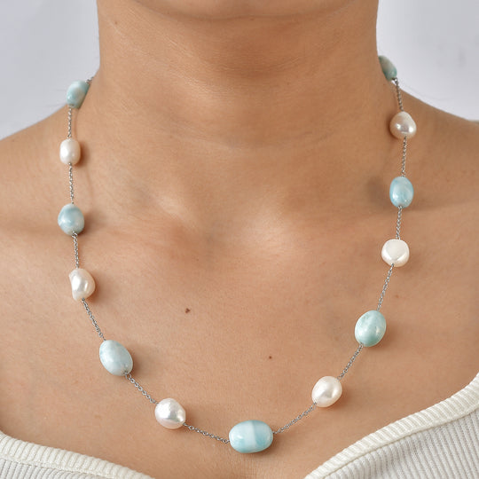 D'Joy Larimar, Süßwasser Perle Halskette ca. 50 cm 925 Silber Rhodiniert 60.00 ct