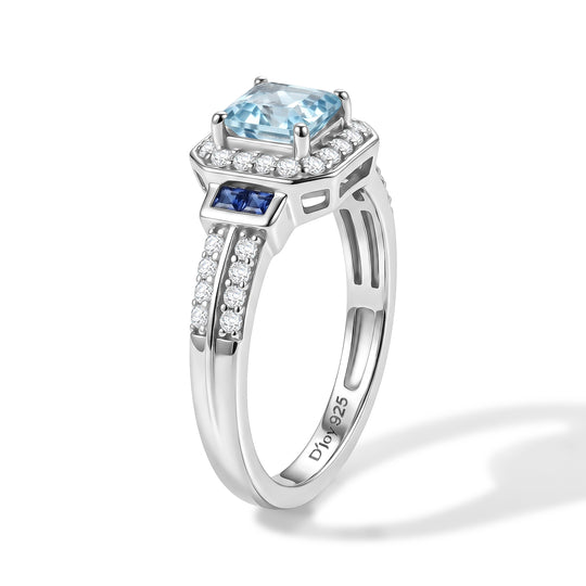 D'Joy AA blauer Zirkon, blauer Saphir und Moissanit Halo Ring, 925 Silber rhodiniert - 1,81 ct.